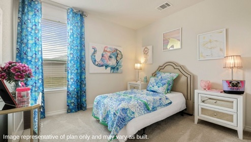 Bulverde Texas DR Horton Homes Copper Canyon The Hondo floor plan 2702 square feet two story New Construction Homes childrens bedroom with carpet flooring and large window for natural lighting seashell themed window dressings and quilt bed set with matching pillows mirrored white side tables with mirrored drawers and matching table lamps brass chest of drawers with mirrored drawers elephant and unicorn themed wall art