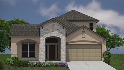 Bulverde Texas DR Horton Homes Copper Canyon The Hondo floor plan 2702 square feet two story New Construction Homes elevation D stucco and stone exterior render 2 car garage