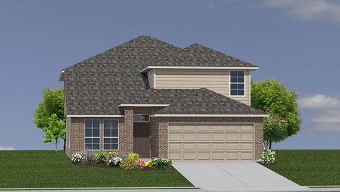 Bulverde Texas DR Horton Homes Copper Canyon The Stallion floor plan 3284 square feet two story New Construction Homes elevation A brick and siding exterior render 2 car garage