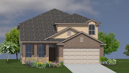 Bulverde Texas DR Horton Homes Copper Canyon The Stallion floor plan 3284 square feet two story New Construction Homes elevation B brick stone and stucco exterior render 2 car garage