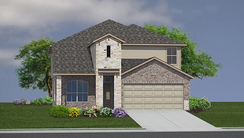 Bulverde Texas DR Horton Homes Copper Canyon The Stallion floor plan 3284 square feet two story New Construction Homes elevation C brick stone and stucco exterior render 2 car garage