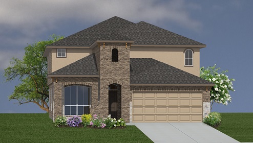 Bulverde Texas DR Horton Homes Copper Canyon The Stallion floor plan 3284 square feet two story New Construction Homes elevation D brick stone and stucco exterior render 2 car garage