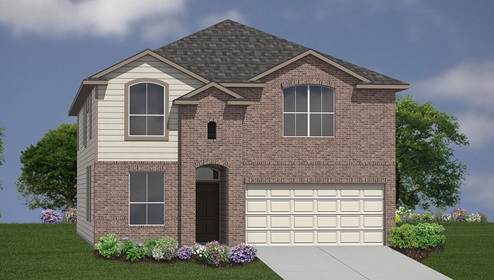 Bulverde Texas DR Horton Homes Copper Canyon The Clydesdale floor plan 3534 square feet two story New Construction Homes elevation A brick and siding exterior render 2 car garage
