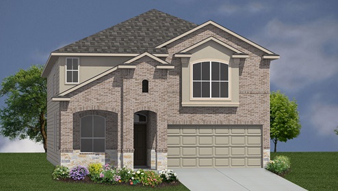 Bulverde Texas DR Horton Homes Copper Canyon The Clydesdale floor plan 3534 square feet two story New Construction Homes elevation B brick stucco and stone exterior render 2 car garage