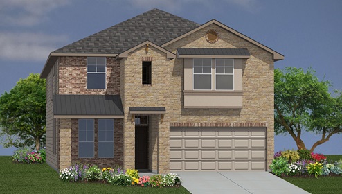 Bulverde Texas DR Horton Homes Copper Canyon The Clydesdale floor plan 3534 square feet two story New Construction Homes elevation C brick and stone exterior render 2 car garage