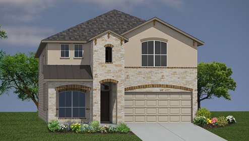 Bulverde Texas DR Horton Homes Copper Canyon The Clydesdale floor plan 3534 square feet two story New Construction Homes elevation D brick stucco and stone exterior render 2 car garage