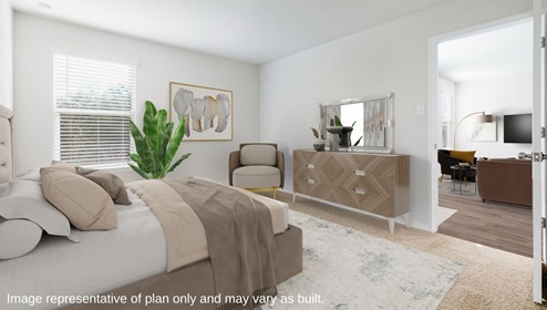 DR Horton San Antonio Laurel Vistas the garland floorplan 1151 square feet main bedroom with carpet flooring and large windows for plenty of natural light
