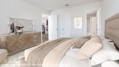 DR Horton San Antonio Laurel Vistas the garland floorplan 1151 square feet virtually staged main bedroom suite with king sized bed and mirrored dresser with doorway leading to ensuite bathroom