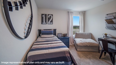DR Horton San Antonio Laurel Vistas the kate 2223 square feet secondary bedroom with twin bed, baseball wall decor, overstuffed chair and small dresser