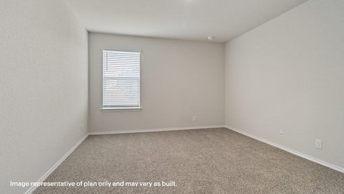 downstairs primary bedroom with carpet flooring and window