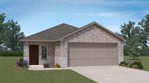DR Horton Von Ormy Preserve at Medina the brooke floor plan 1396 square feet 1 story 2 car garage elevation b with brick and stone front exterior