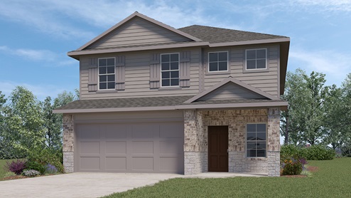 DR Horton Von Ormy Preserve at Medina the madison floor plan 2498 square feet 2 story 2 car garage elevation b with brick stone and siding front exterior