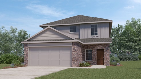 DR Horton Von Ormy Preserve at Medina the nicole floor plan 2473 square feet 2 story 2 car garage elevation a with brick and siding front exterior