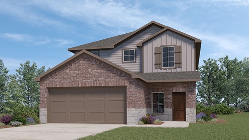 DR Horton Von Ormy Preserve at Medina the nicole floor plan 2473 square feet 2 story 2 car garage elevation b with brick stone and siding front exterior