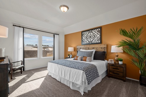 Rockbridge Model Home primary bedroom with gold accent wall and carpeted flooring.