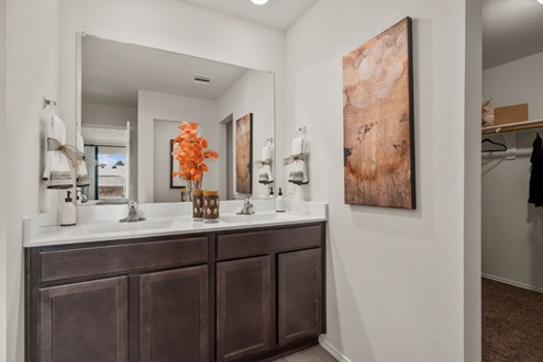 Rockbridge Model Home primary bathroom with vinyl plank flooring and granite vanity.