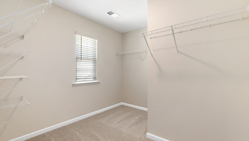 Primary walk in closet with carpet and small window. New home in Asheville, North Carolina