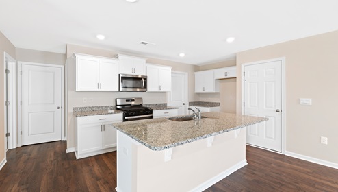 Kitchen and island with white cabinets, and stainless steel appliances. New home in Asheville, North Carolina