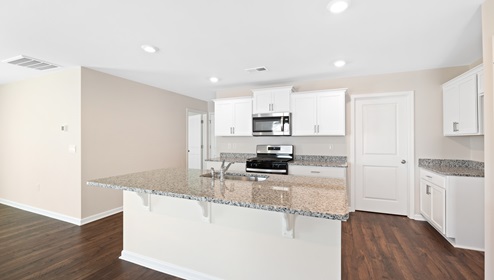 Kitchen and island with white cabinets, and stainless steel appliances. New home in Asheville, North Carolina