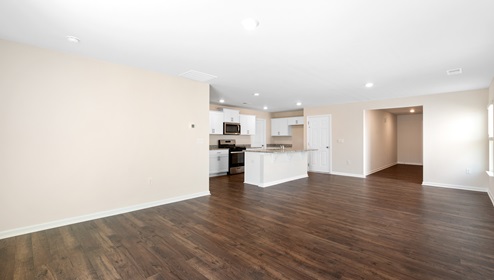 Open living room beside kitchen with windows and sliding glass back door. New home in Asheville, North Carolina
