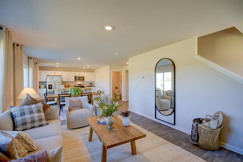 living room with vinyl floors and natural light