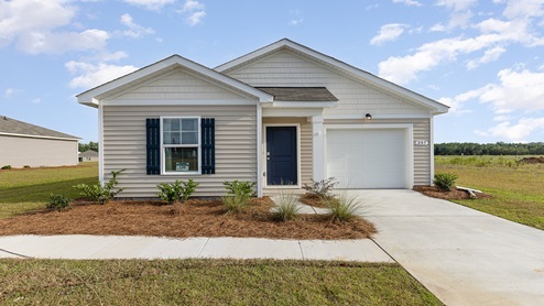 Single-story home with one-car garage and linen siding