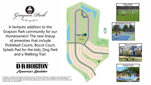 A fantastic addition to the Grayson Park community for our Homeowners! The new lineup of amenities that include Pickleball Courts, Bocce Court, Splash Pad for the kids, Dog Park and a Walking Trail.