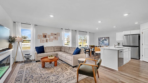 Open concept living with great room kitchen and dining room