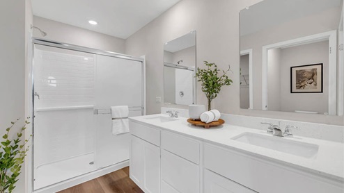 primary en suite bathroom with double bowl vanity and walk-in closet