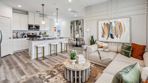 view of open concept living downstairs in the iris model home