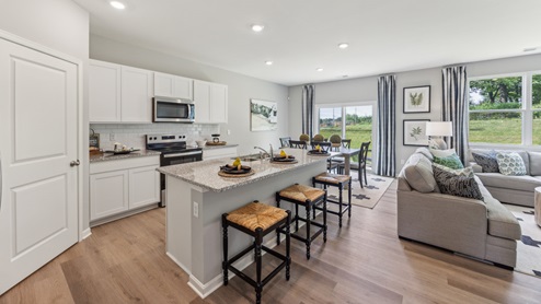 Interior kitchen with center island with white cabinets