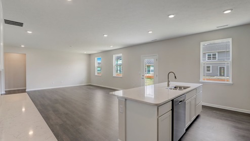 kitchen island and great room with abundant natural light