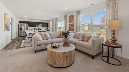 Colonial Heights Bellamy model home living room with Birdbath carpet flooring