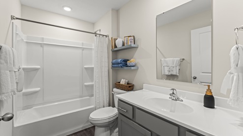 Bathroom with a single sink vanity and step in shower and toilet.