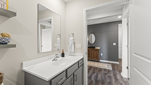 Bathroom with gray cabinetry.