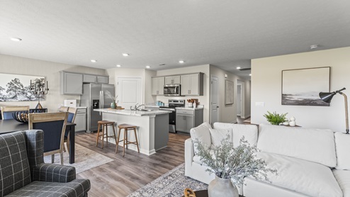 Open view of kitchen from living room.