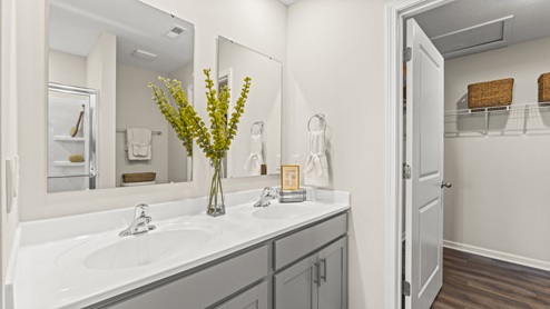 Bathroom with a dual vanity sink.