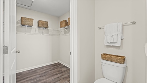 Bathroom with a separate space for a toilet and walk in closet.
