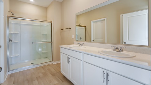 primary full bathroom with double vanity and shower
