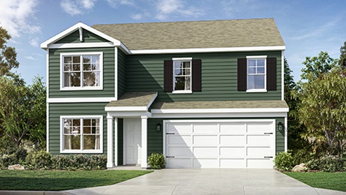 Front exterior of a Stamford floorplan home featuring dark green siding, black shutters and a 2 car garage