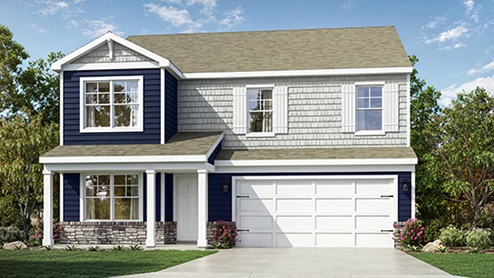 Front exterior of a Stamford floorplan home featuring grey and dark blue siding siding, white shutters and a 2 car garage