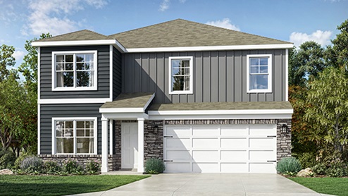 Front exterior of a Stamford floorplan home featuring grey siding, and a 2 car garage