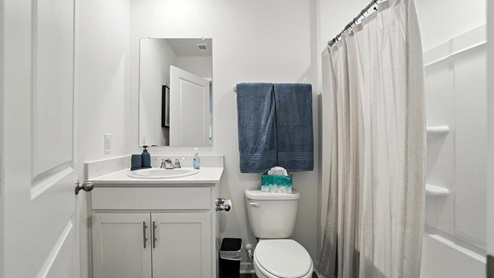 first floor full bath single vanity, toilet and shower