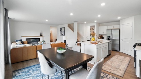 dining space, kitchen and great room