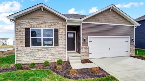 Single story home with brown siding, partial stone front, covered entry, two car garage_Aldridge angle