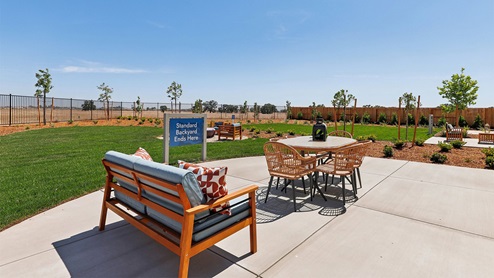 Backyard patio with lawn and landscaping.