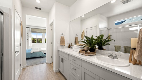 Owners suite bathroom with double sinks and double vanity mirrors