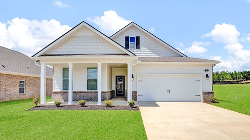 Exterior elevation of the Bristol floorplan, a single story home with a two car garage