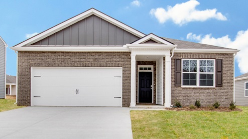 Exterior elevation of the Aria floorplan, a single story home with a two car garage