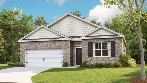 Exterior elevation of the Cali floorplan, a single story home with a two car garage
